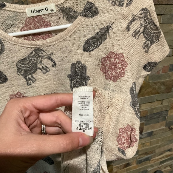 Ginger G Women's Cream Elephant Hamsa Mandala Feather Print Tunic Top - Picture 5 of 5